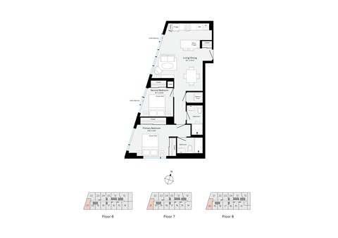 Floor plan for 2 beds, 2 baths, 827 sqft